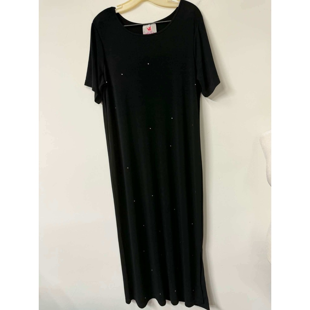 Quacker Factory Black Rhinestone Maxi Dress Short Sleeve Stretch Knit Womens L